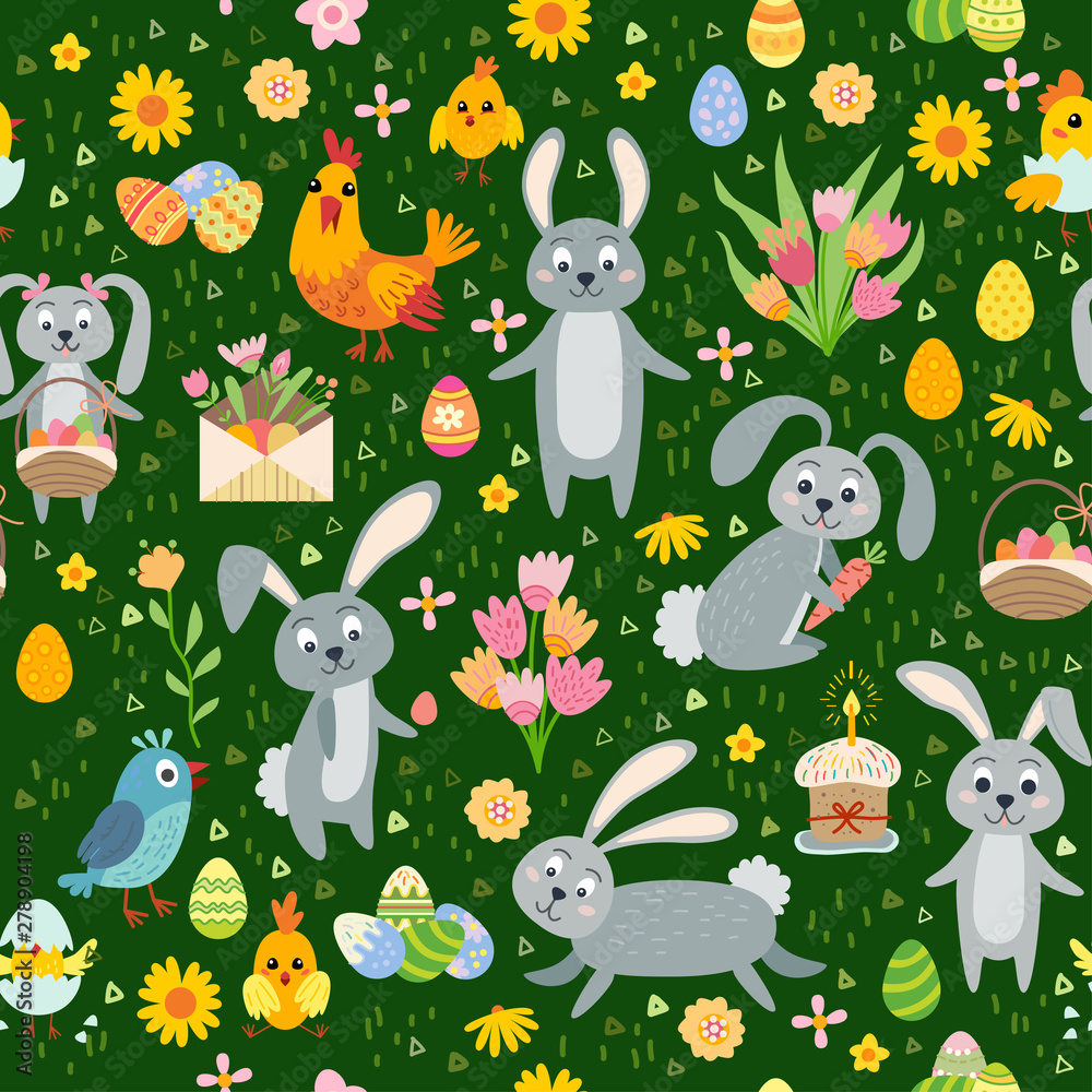Naklejka premium Easter seamless pattern. Holiday vintage background with cartoon Easter symbol.