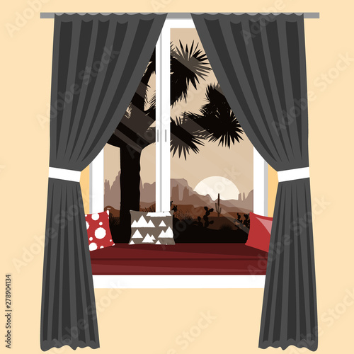 The cozy sofa on the window sill with the beautiful mountains desert view. Vector illustration, interior design element.