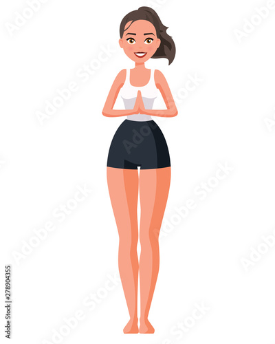 Vector illustration of standing sportive women with namaste hands. Cartoon realistic people practicing yoga. Flat young woman. Front view girl. Standing yoga poses. 