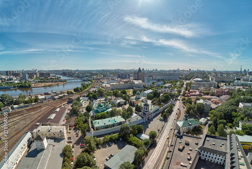 The photo shows the Danilovsky Monastery, which is located in Russia in the city of Moscow. Aerial drone panoramic view.
