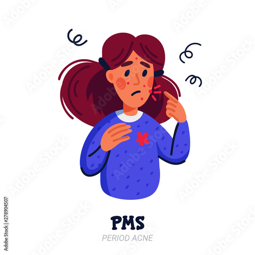 PMS symptoms concept. Woman suffering from premenstrual syndrome such as acne. Flat style vector illustration on white background.