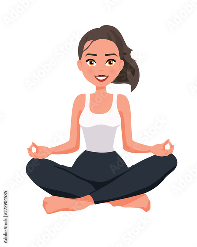 Vector illustration of woman in lotus position under the white background. Cartoon realistic people illustration practicing yoga. Flat young woman. Front view girl.