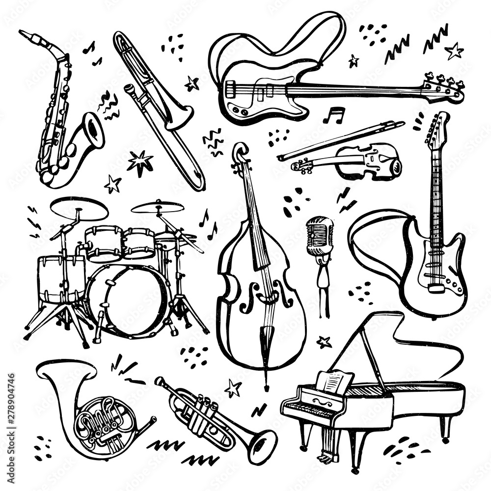 Hand drawn set of music instruments. Ink style vector illustration on white background. - obrazy, fototapety, plakaty 