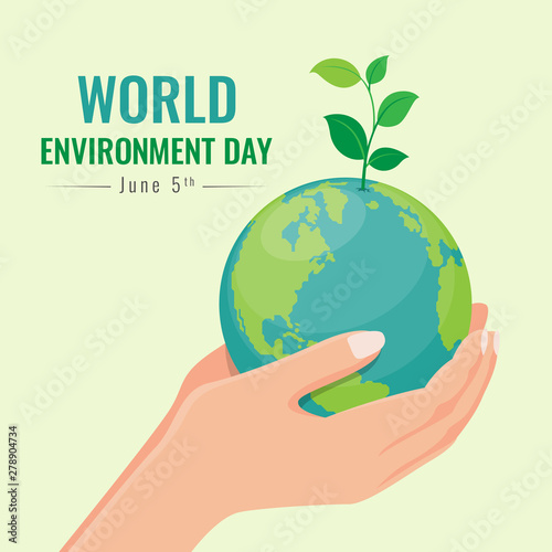 world environment day banner with hand hold seed plant on circle earth world vector design
