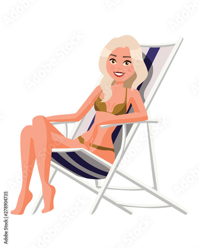 Vector illustration of woman in underwear in chaise lounge. Cartoon realistic people. Flat young woman. Front view girl, Isometric view. Slim woman sunbathing in beach chair. Relaxation.