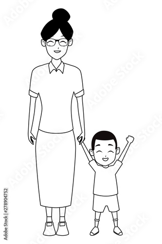 Family grandmother with little grandson in black and white