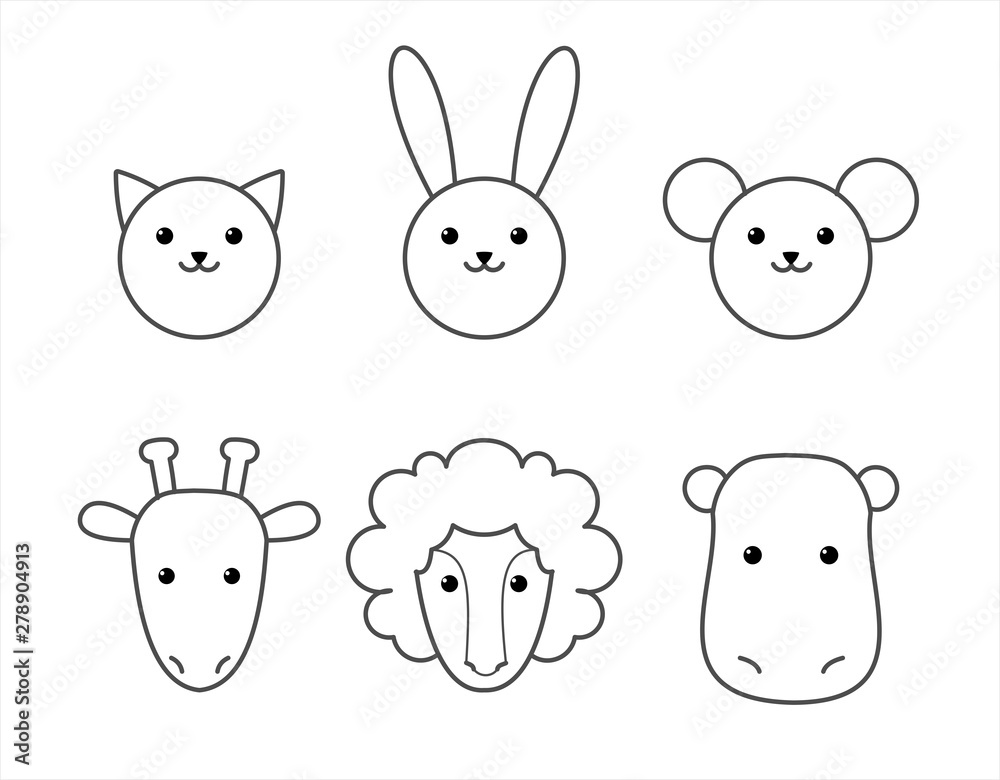 Cat, Rabbit, Mouse, Giraffe, Lion, Hippo. Animal heads. For kids. Modern flat vector illustration on white background.