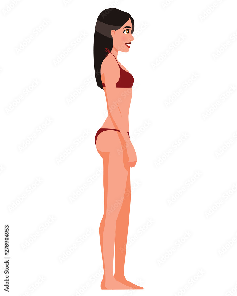 Vector illustration of woman in underwear on the white background. Vector cartoon realistic people illustration. Flat young woman. Side view. Slim girl Vector illustration of woman in underwear on the white background. Vector cartoon realistic people illustration. Flat young woman. Side view. Slim girl