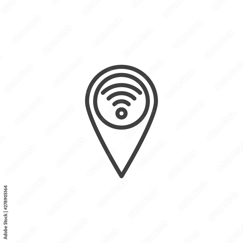 Wi-Fi Map Marker line icon. Wireless signal location pin linear style sign for mobile concept and web design. Wifi zone outline vector icon. Symbol, logo illustration. Vector graphics Wi-Fi Map Marker line icon. Wireless signal location pin linear style sign for mobile concept and web design. Wifi zone outline vector icon. Symbol, logo illustration. Vector graphics