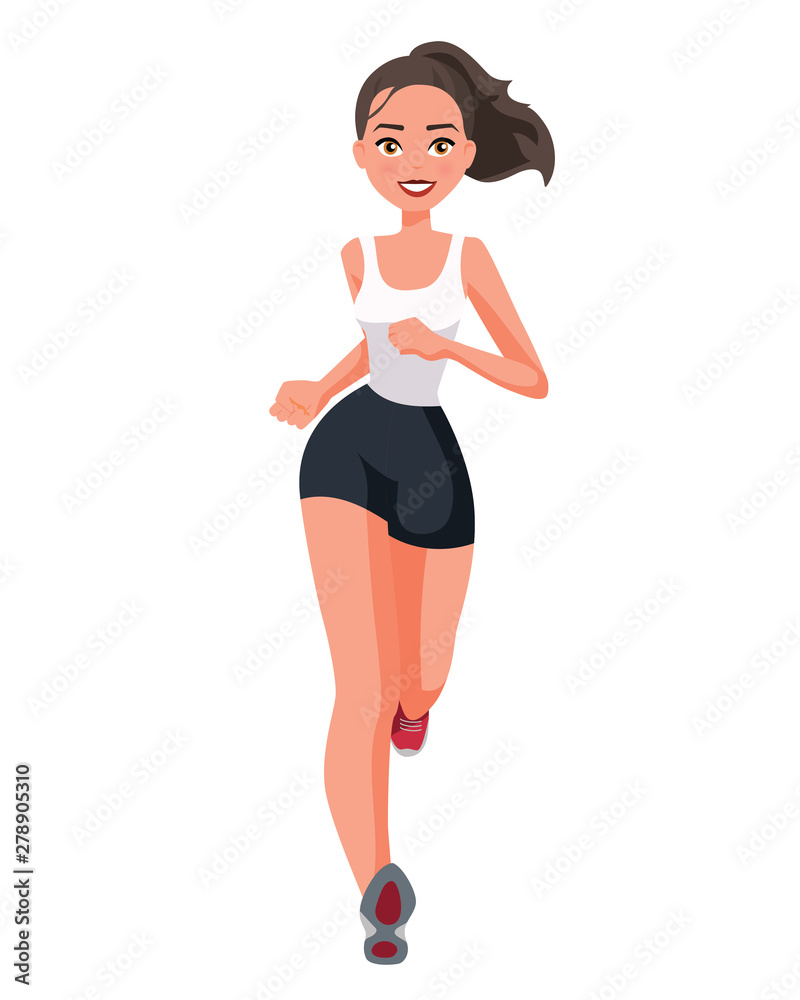 Vector illustration of running young woman in casual clothes. Cartoon  realistic people illustration. Flat young woman. Front view. Isometric  view. Sportive woman. Sport, training, run. Stock Vector | Adobe Stock