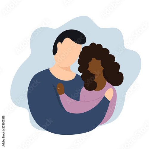 Interracial couple vector illustration. Interaction marriage. Couple with rings. Interracial reletionship.