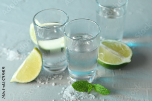 Tequila shots, salt, lime slices and mint on white cement background