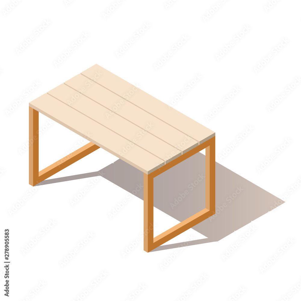 Isometric wooden table. The object is isolated under white background. Isometric vector table. Furniture.