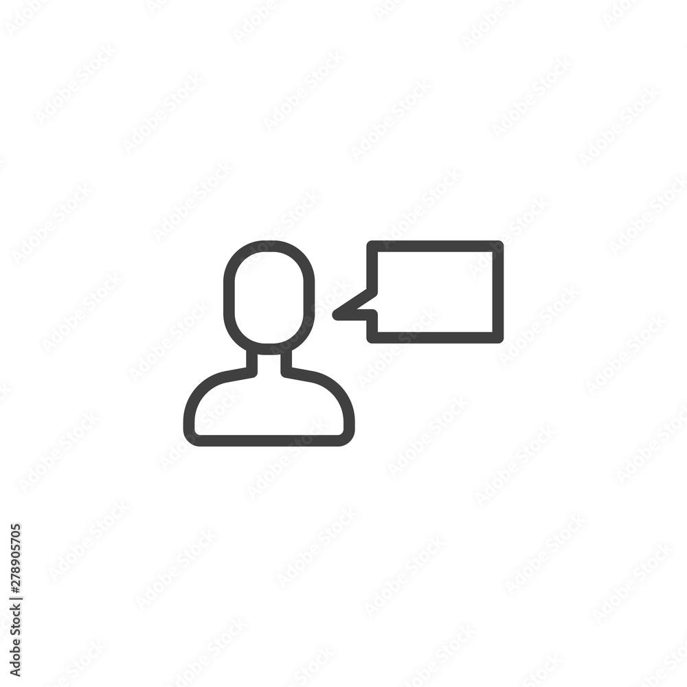 User chat message line icon. linear style sign for mobile concept and web design. Person with speech bubble outline vector icon. Symbol, logo illustration. Vector graphics User chat message line icon. linear style sign for mobile concept and web design. Person with speech bubble outline vector icon. Symbol, logo illustration. Vector graphics