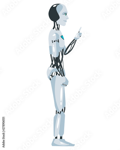 Vector illustration of a robotic man pointing with hand and finger to the side. Cartoon realistic humanoid robot. Flat robot. Side view. RPA Robotic progress automation concept.