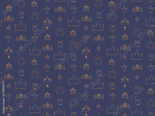 Seamless pattern with gold crowns. Tiaras are Hand drawn on  background. Doodle illustration in vintage style, pop art element, beauty and fashion concept. Creative print. Vector.