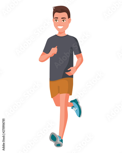 Vector illustration of running young man in casual clothes .Cartoon realistic people illustration.Flat young woman.Front view. Isometric view. Sportive man. Sport, training, run.