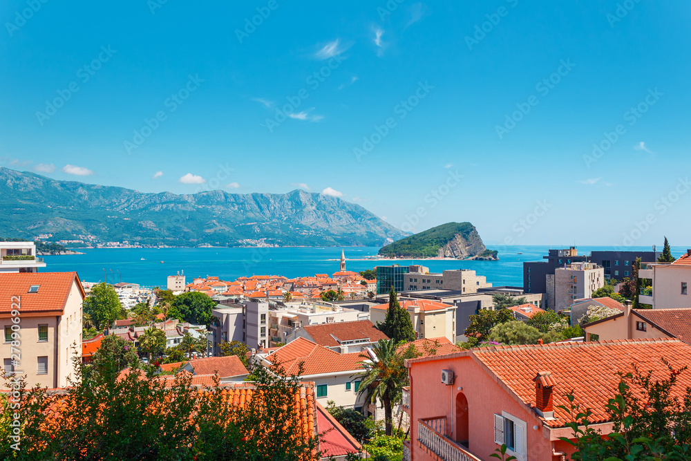 View from above to the old city Budva on Adriatic sea coastline, Montenegro