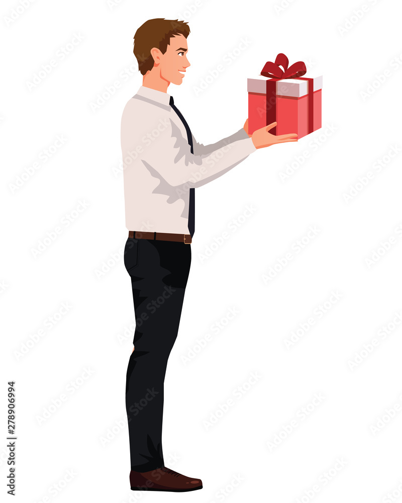 Vector illustration of business man with present in hands, in official clothes. Cartoon realistic people illustration. Worker in a shirt with a tie. Side view man. Surprise. Vector illustration of business man with present in hands, in official clothes. Cartoon realistic people illustration. Worker in a shirt with a tie. Side view man. Surprise.