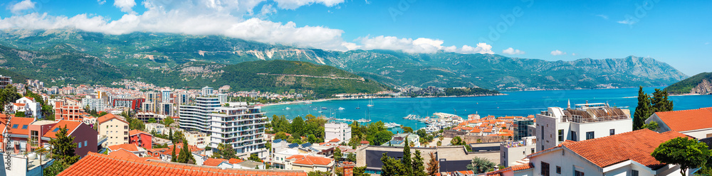 Panoramic view from above to the old city Budva on Adriatic sea coastline, Montenegro