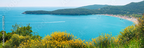 Schilderij op canvas Panoramic view from above to the Adriatic sea coastline and Jaz beach near a Budva city, Montenegro