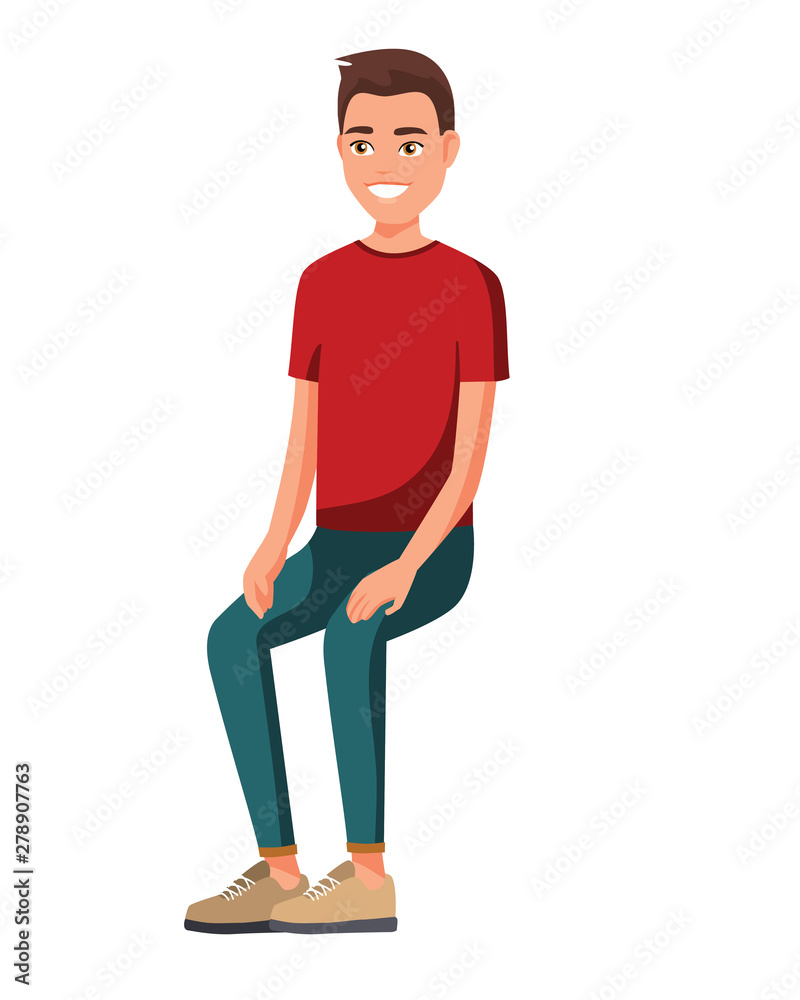 Vector illustration of sitting men in casual clothes under the white  background. Cartoon realistic people. Flat young man. Front view man,  Isometric view. Stock Vector | Adobe Stock
