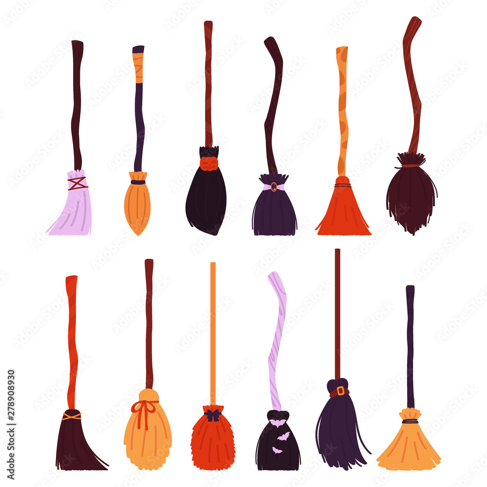 Naklejka premium Witch brooms collection isolated on white background. A set of items for Halloween. Vector illustration in the style of flat