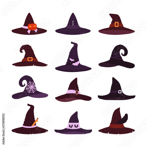 Witch hats collection isolated on white background. A set of items for Halloween. Vector illustration in the style of flat
