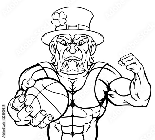 A leprechaun basketball sports mascot holding a ball