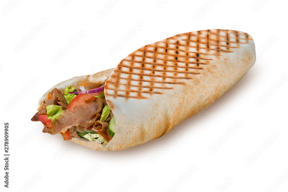 Greek gyros pita isolated on white background. For fast food restaurant  design or fast food menu. Pita stuffed with meat and vegetables on white  background Stock Photo | Adobe Stock