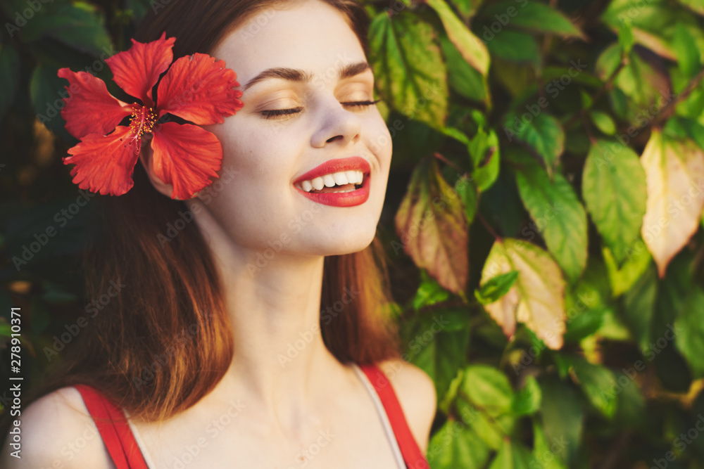 beautiful woman green leaves nature park beautiful woman green leaves nature park