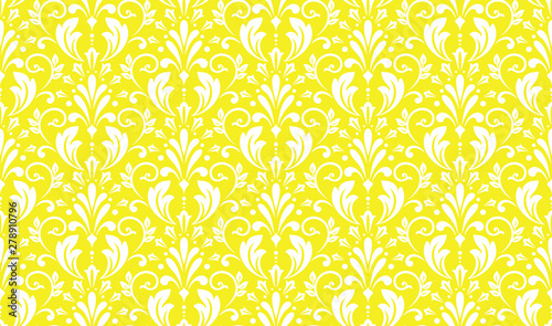 Wallpaper in the style of Baroque. Seamless vector background. White and yellow floral ornament. Graphic pattern for fabric, wallpaper, packaging. Ornate Damask flower ornament