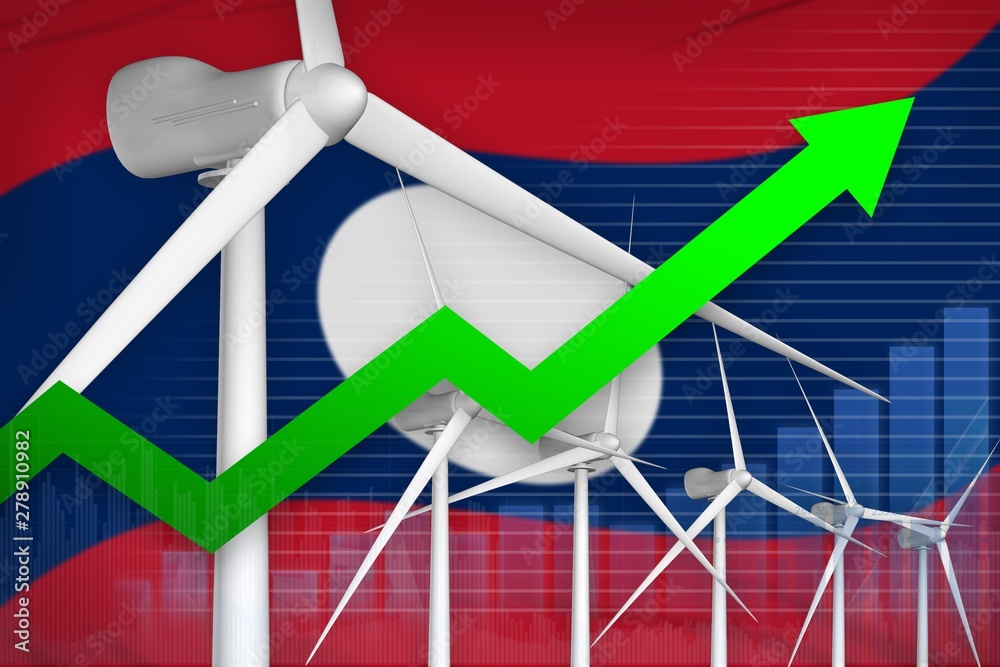 Fototapeta premium Lao People Democratic Republic wind energy power rising chart, arrow up - environmental natural energy industrial illustration. 3D Illustration