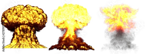 3D illustration of explosion - 3 large high detailed different phases mushroom cloud explosion of nuclear bomb with smoke and fire isolated on white