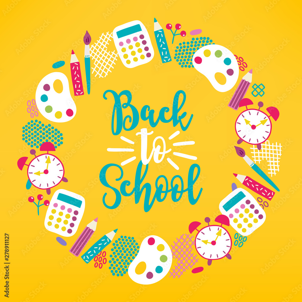 Back to school wreath with pen, pencil, paints, calculator, clock Back to school wreath with pen, pencil, paints, calculator, clock