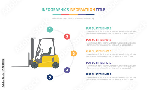 forklift infographic template concept with five points list and various color with clean modern white background - vector