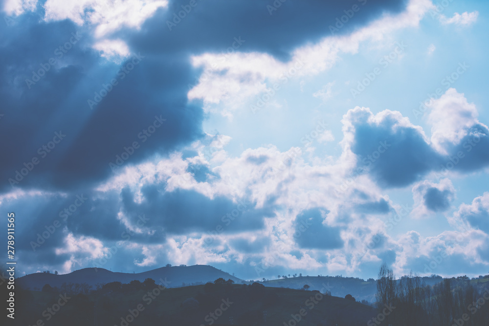 Rural landscape in the evening at sunset with the beautiful evening sky. View from above