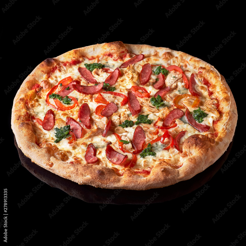 Pizza menu. Delicious hot pizza Mario with chicken, sausage and cheese. Delicious traditional Italian pizza on an isolated black background