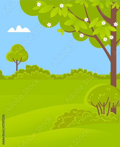 Green scenery with trees  bushes and grass  spring time background. Landscape of ecology clean nature  forest or park with blooming apple-tree  rural countryside