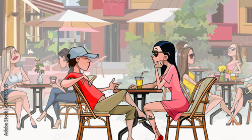 cartoon man and woman talking sitting in a crowded cafe