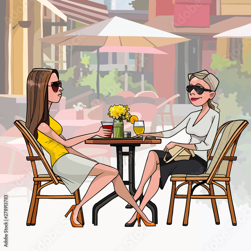 cartoonish women in sunglasses sit at a table in a cafe