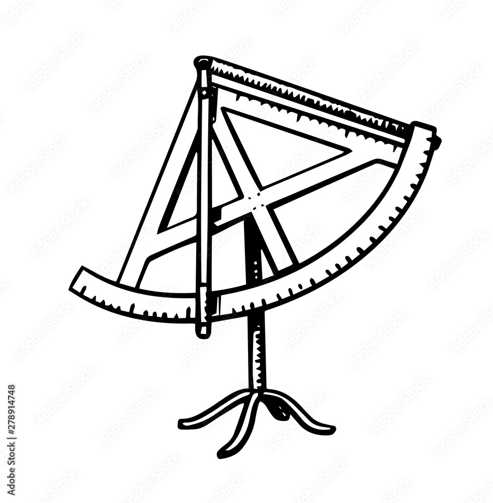 Sextant scientific measuring instrument. Astronomy sketch for emblem or logo in vintage style. Device for the Sun and other space objects above the horizon. Hand drawn illustration in doodle style. Sextant scientific measuring instrument. Astronomy sketch for emblem or logo in vintage style. Device for the Sun and other space objects above the horizon. Hand drawn illustration in doodle style.