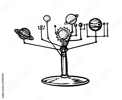 Mechanical model of the Solar System, Planets in space. Tellurion or Orrery. Astronomy sketch for emblem or logo in vintage style. Hand drawn illustration in doodle style.