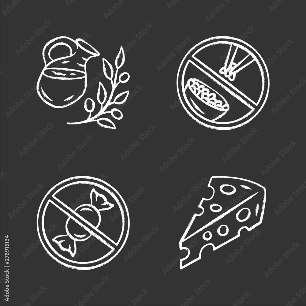 No sugar organic products chalk icons set. Dietary food healthy eating. Glucose free and low carbs keto diet. Natural fresh drink jar, Swiss cheese isolated vector chalkboard illustrations