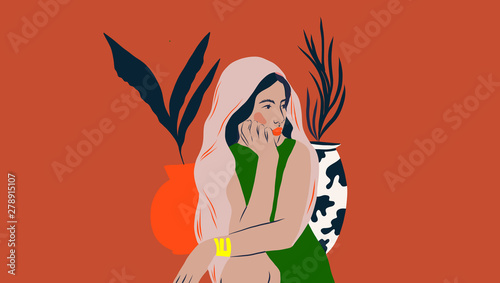 Girl in front of vases