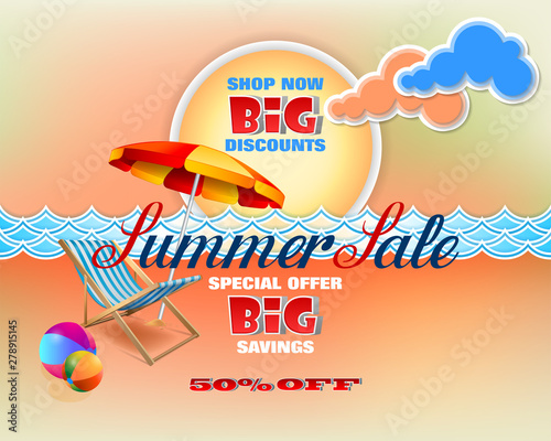 Background design with handwriting and 3d texts, beach umbrella and sun bed  for summer sales and commercial events; Vector illustration