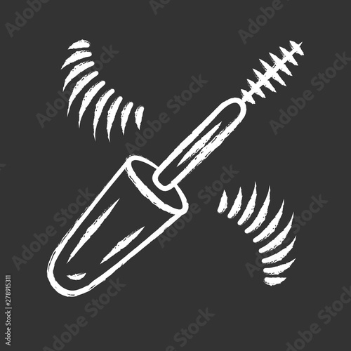 Mascara brush and false eyelashes chalk icon. Cosmetology product isolated vector chalkboard illustration. Female fashion accessory. Makeup artist, beautician tool. Glamorous eye makeover