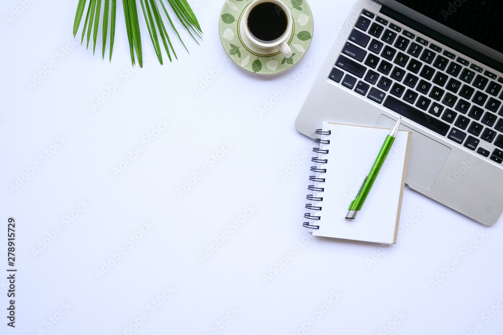 White office desk table, top view or flat lay