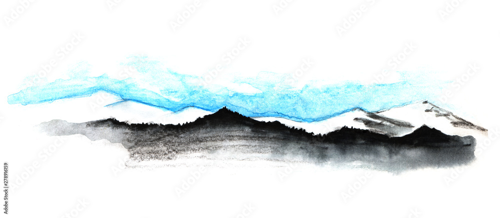 Obraz premium Abstract watercolor drawing with mountain landscape. Series of mountain chains - dark and forested in front of snowy one - isolated on white background. Hand drawn illustration on paper texture.