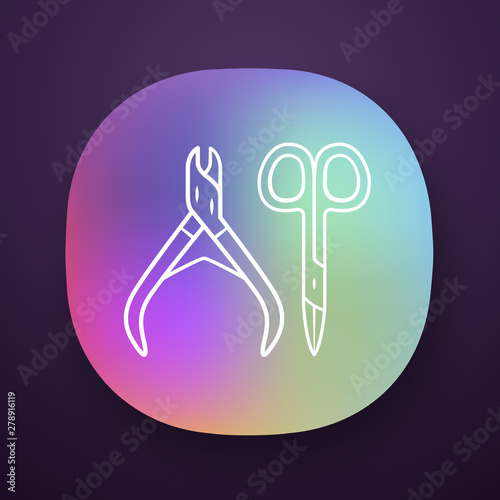 Nail scissors and manicure nippers app icon. UI/UX user interface. Web or mobile application. Pedicure tools vector isolated illustration. Body care, hygiene accessories. Small toiletries, clippers